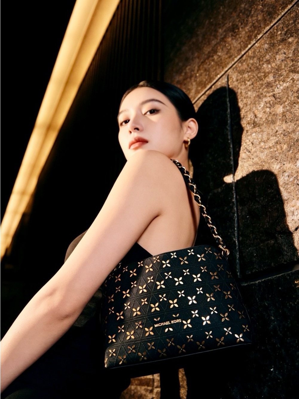 Michael Kors - Portia Black/Gold Shoulder Bag with Gold Laser Cutouts
